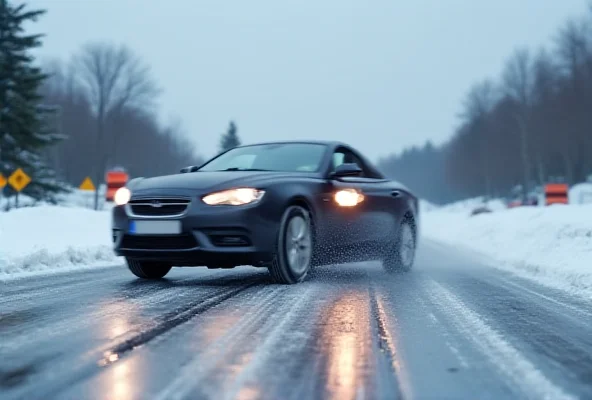 A car struggling to drive on a road covered in black ice, with warning signs visible in the background.