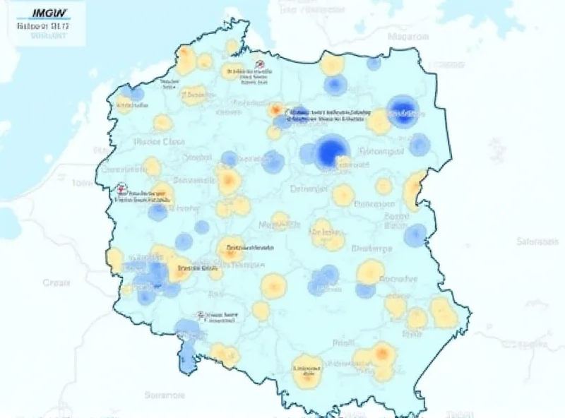 A digital weather map of Poland showing areas with warnings for black ice and strong winds, with IMGW logo visible.