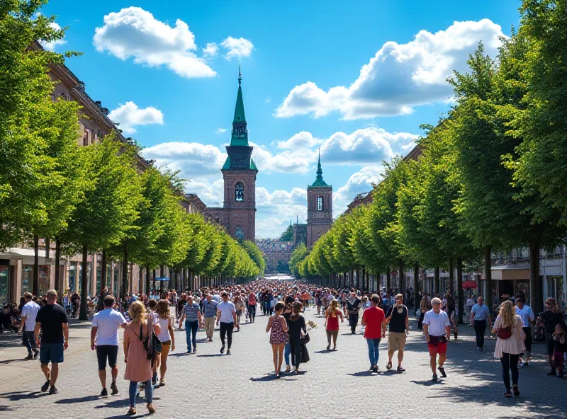 A sunny day in Lodz, Poland. People are walking around enjoying the weather, with blue skies and fluffy white clouds overhead.