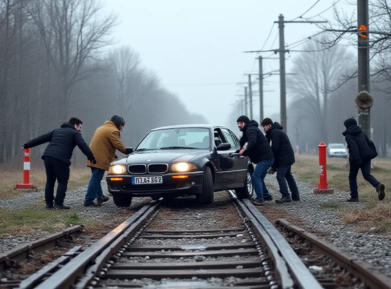 A car stuck on a railway crossing in Sanok, Poland, with the barriers lowered. Several people are pushing the car to get it off the tracks, with a train approaching in the distance.