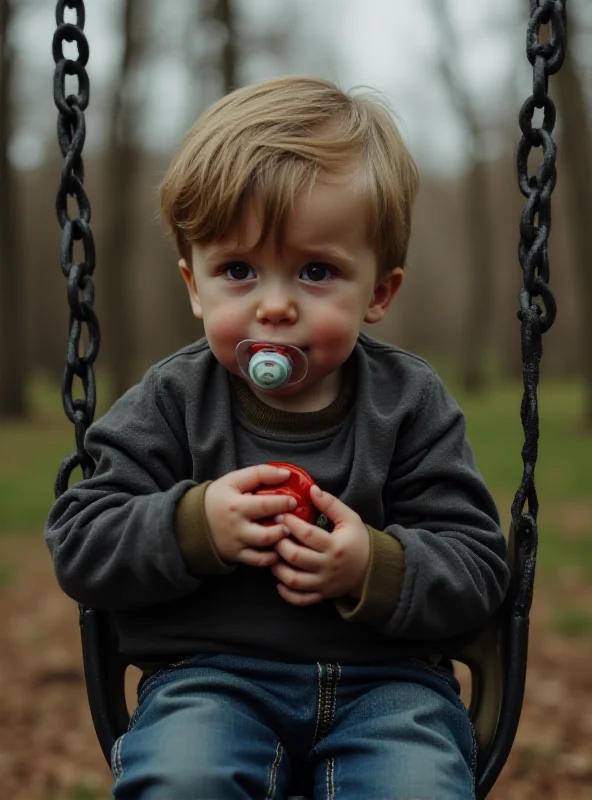 A five-year-old boy, Arturek, sitting on a swing in a park. He looks sad and is holding a pacifier. He is wearing clothes that are slightly too big for him.