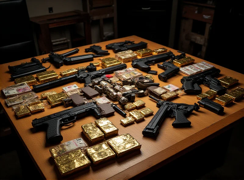A table covered with seized items: gold bars, various firearms (handguns and rifles), stacks of different currencies (euros, dollars, etc.), boxes of ammunition, and possibly explosives. The scene is lit to emphasize the variety and quantity of items seized.
