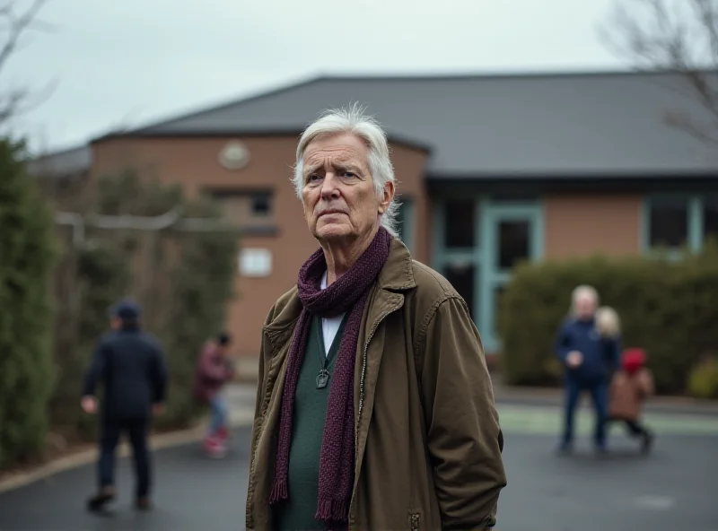 A concerned parent stands outside a school building, looking worried. The scene is slightly blurred to convey a sense of urgency and concern.