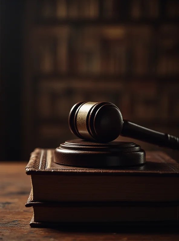 A gavel resting on a stack of law books in a courtroom setting. The scene should be dimly lit and convey a sense of seriousness and legal authority.