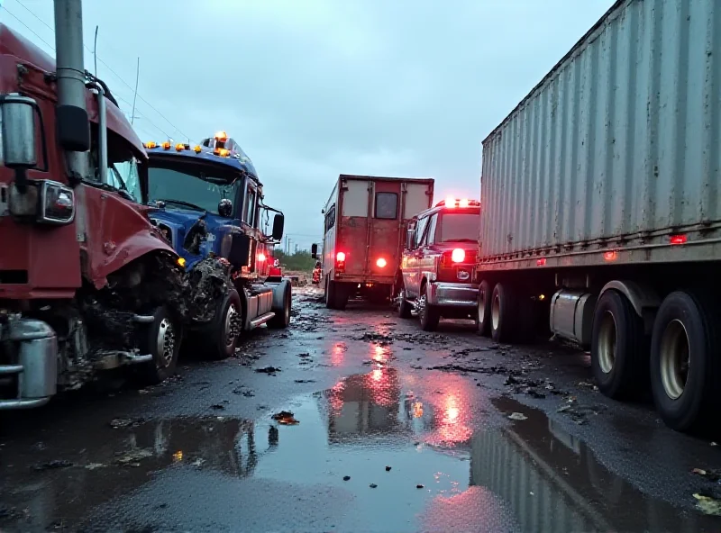 Wrecked trucks after a collision on a rural highway, with police cars and emergency responders on the scene.