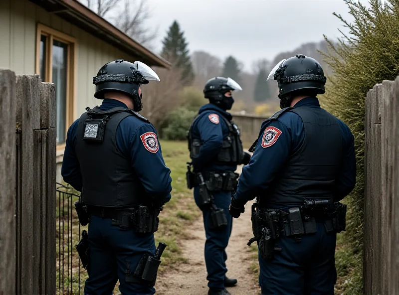 Police officers securing a house in a rural area after reports of a domestic disturbance and a threat with a weapon.