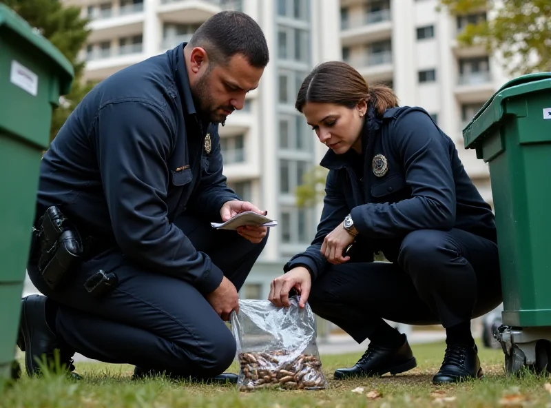 Police officers examining a bag of bullets near a dumpster at a housing complex.