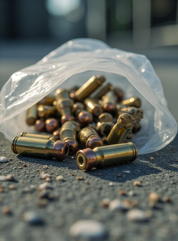 A close-up of bullets inside a plastic bag, lying on the ground near a dumpster.