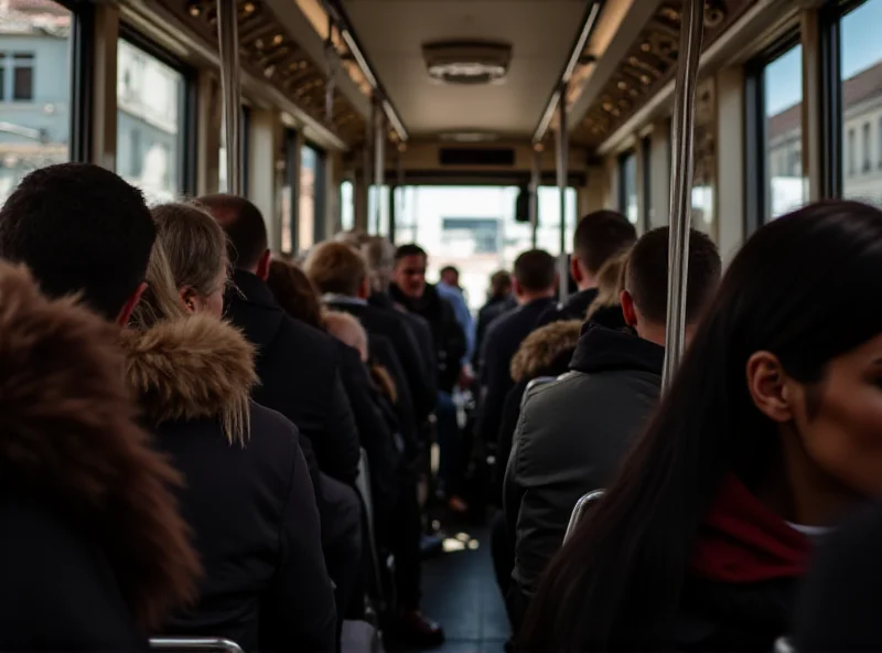 A crowded tram in Prague, Czech Republic, with passengers of diverse backgrounds.