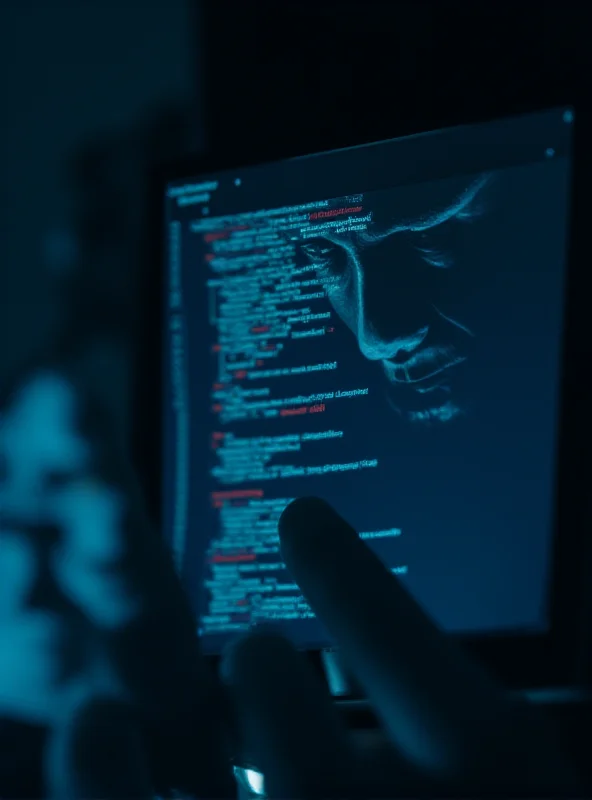 A close-up image of a police detective examining evidence in a darkened room, focusing on a computer screen displaying lines of code.