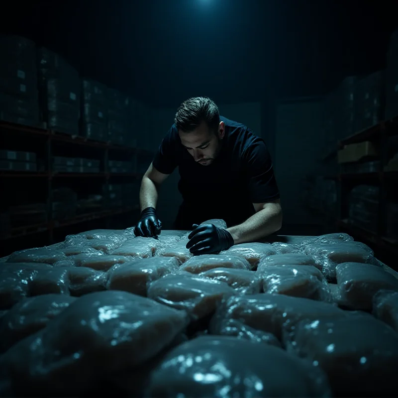 A dimly lit scene showing packages wrapped in plastic, possibly containing illegal substances, on a table. A police officer in gloves is examining the packages.