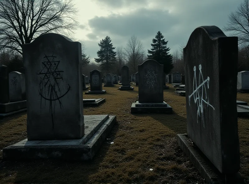 Vandalized Jewish cemetery with gravestones defaced with hook crosses