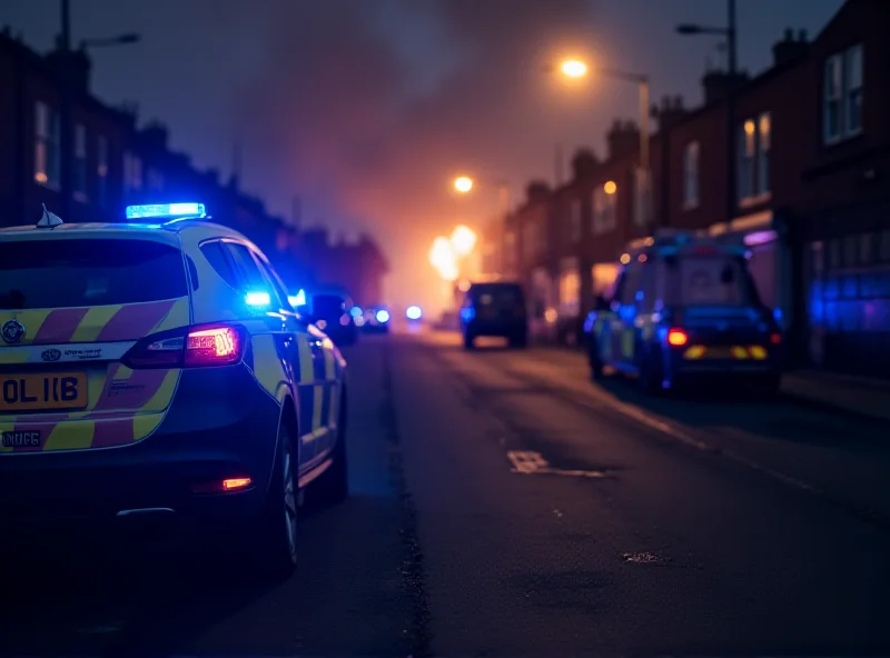 A police car with flashing blue lights parked on a street in Peterborough, UK, with smoke visible in the distance.