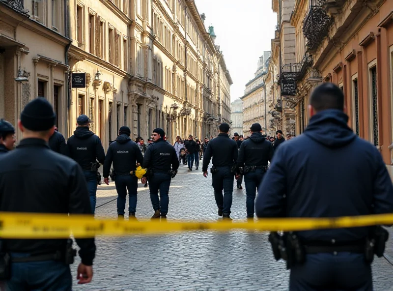 A street scene in Prague, Czech Republic, with police officers investigating the area.