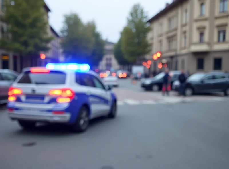 Police car at the scene of a traffic accident in Bratislava, Slovakia, with emergency lights flashing.