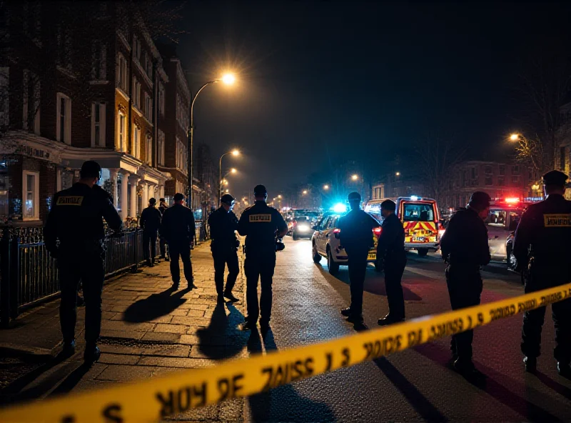 Police officers investigating a crime scene in London, England, with forensic teams collecting evidence.