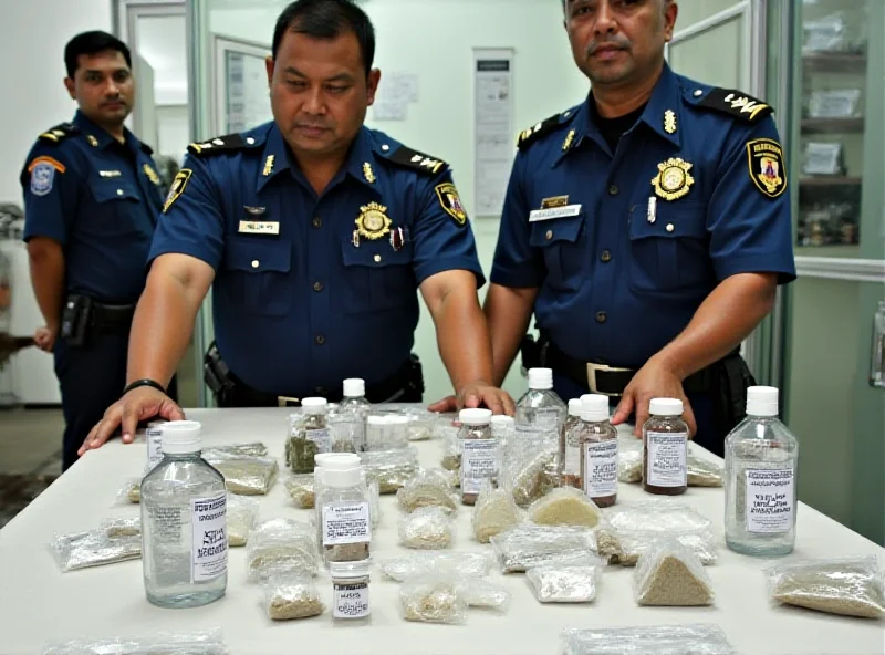 Police officers in Jelutong, Malaysia displaying seized MDMA drugs, including liquid and powder forms in bottles and cups.