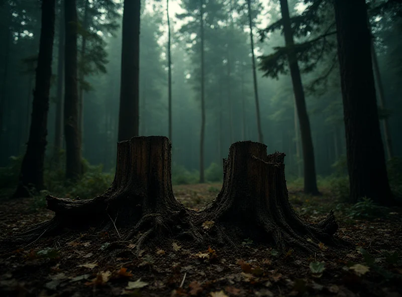 A dense forest with cut tree stumps in the foreground, indicating illegal logging.