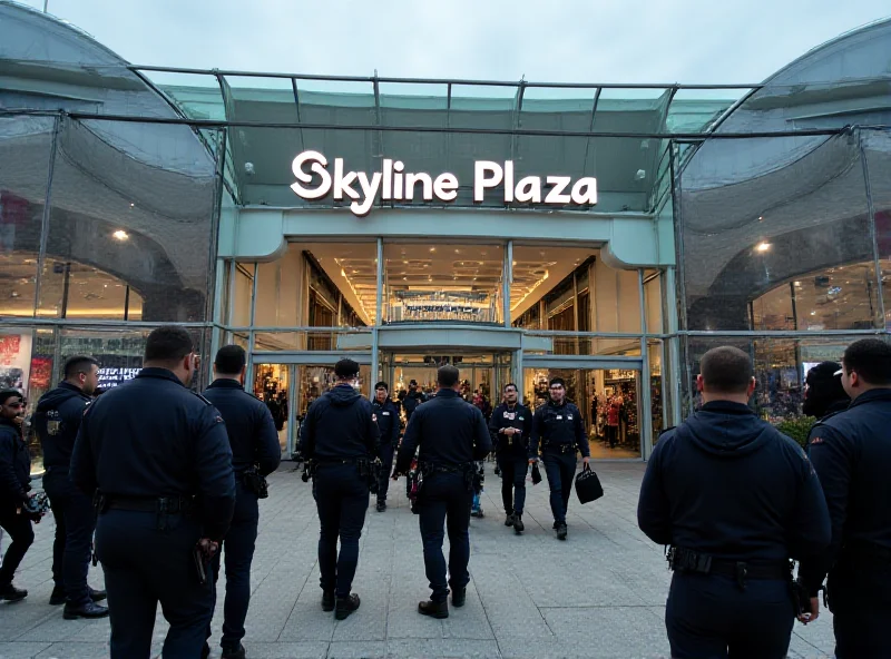 Exterior view of a large, modern shopping mall with glass facade and the words 'Skyline Plaza' prominently displayed.