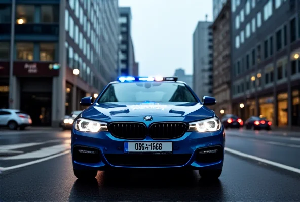 A police car parked on a street in Frankfurt, Germany, with the city skyline in the background.