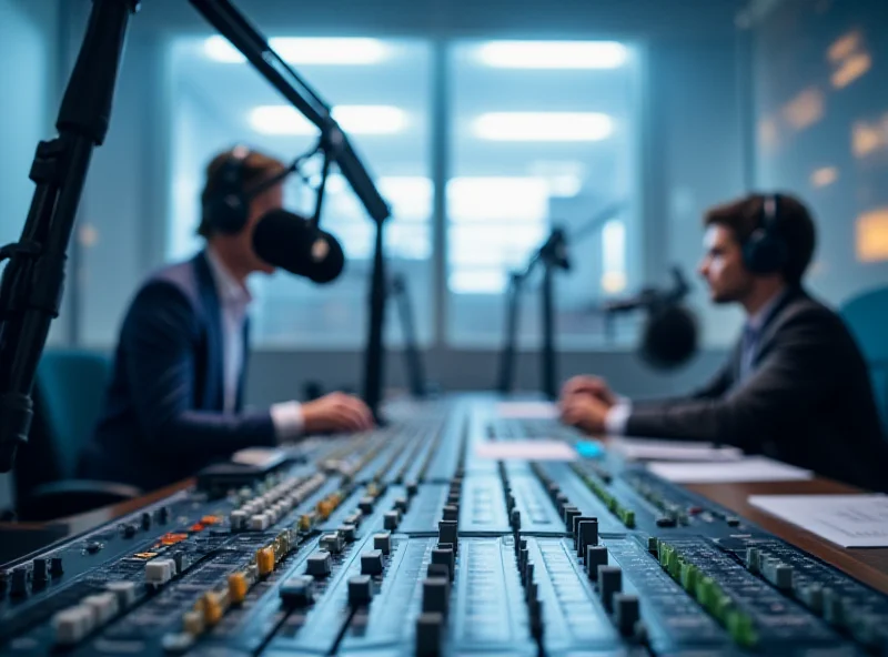 A radio station broadcasting studio, with microphones and mixing equipment.