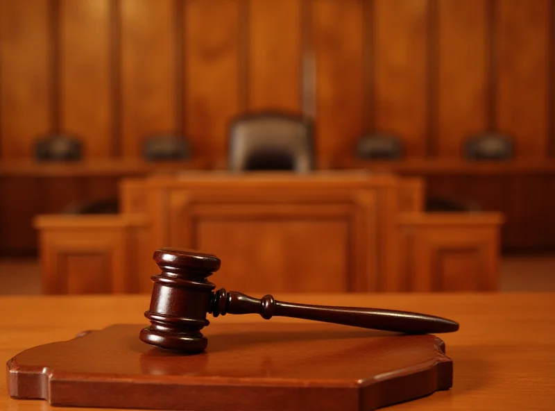 A gavel resting on a wooden block in a courtroom setting.