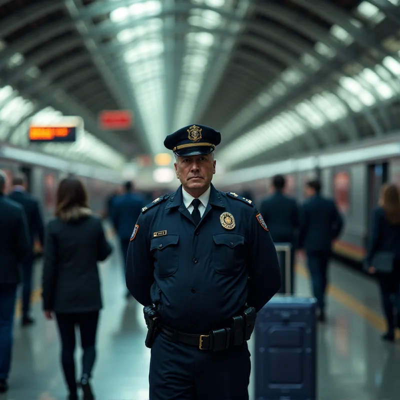 A police officer stands guard in a train station, with blurred figures in the background.