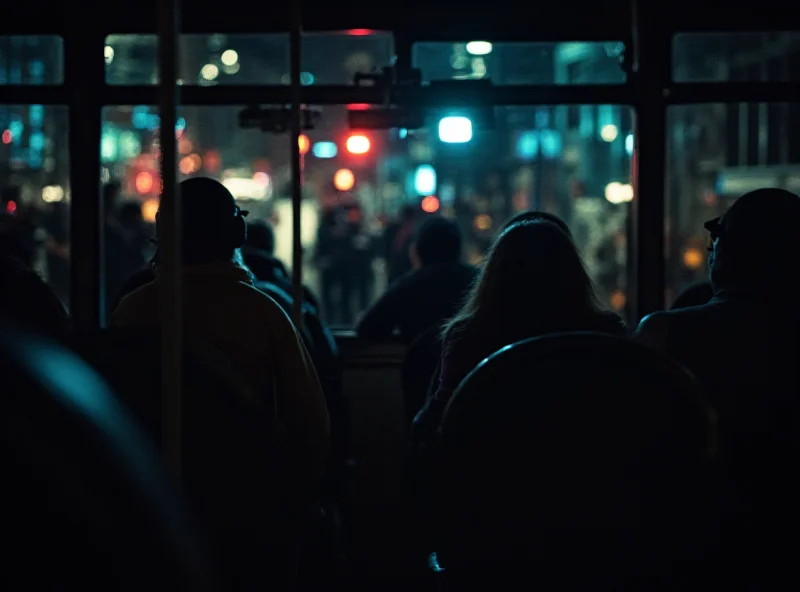 A crowded city bus at night in São Paulo, Brazil, with police lights flashing in the background.