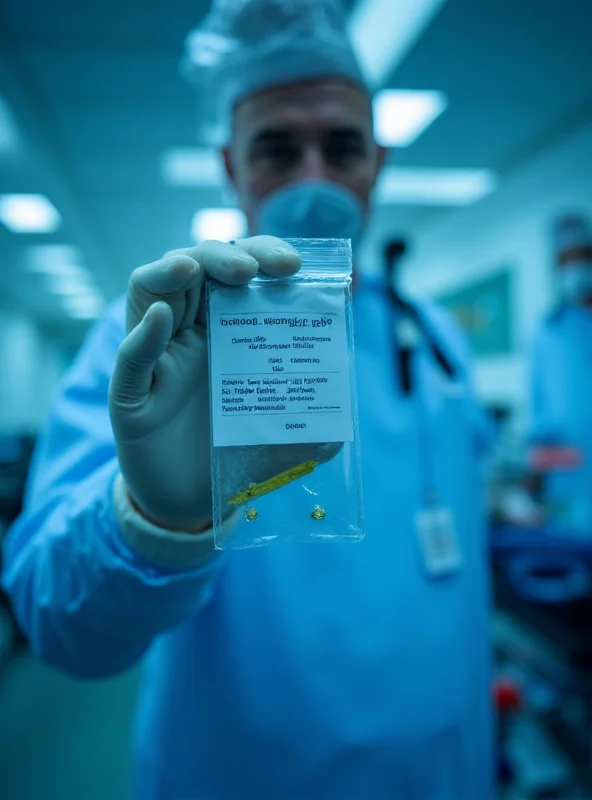 A police officer holding up an evidence bag containing a small object, photographed in a forensics laboratory. The officer is wearing gloves and a sterile suit.