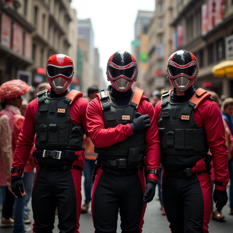 Three police officers dressed as Power Rangers standing in a crowd of people celebrating Carnival. They are looking alert and scanning the crowd.