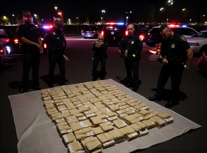 Police officers inspecting packages of cocaine in a parking lot.