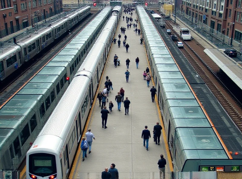 An aerial view of a busy MBTA station in Boston.