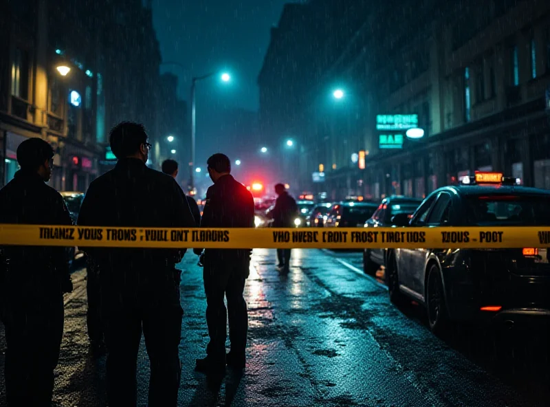 Police tape cordoning off a crime scene at night in a city street with flashing police lights.