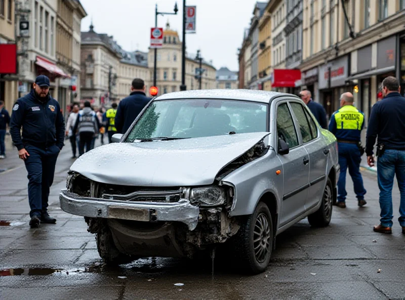 A damaged vehicle surrounded by police officers and emergency personnel in a public square in Mannheim, Germany.