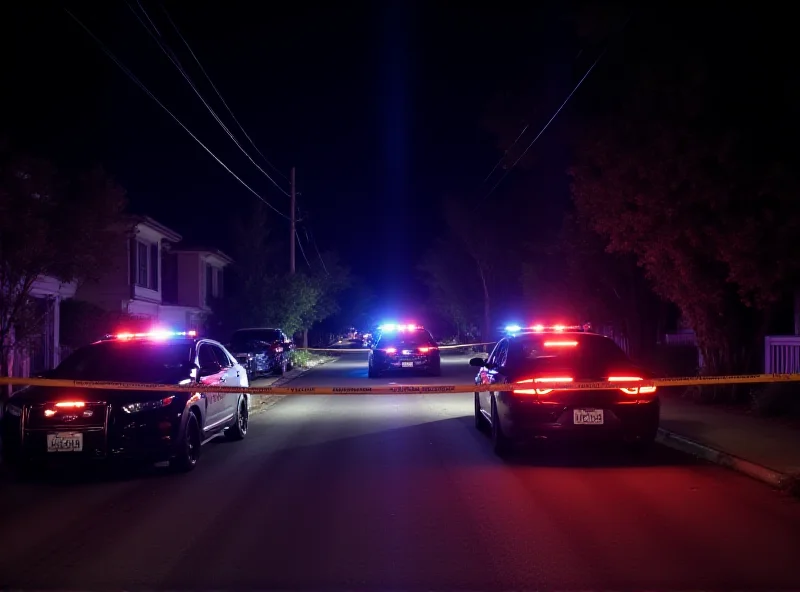 A nighttime scene in Oakland, California, with police cars and flashing lights at the scene of a homicide investigation on a residential street.