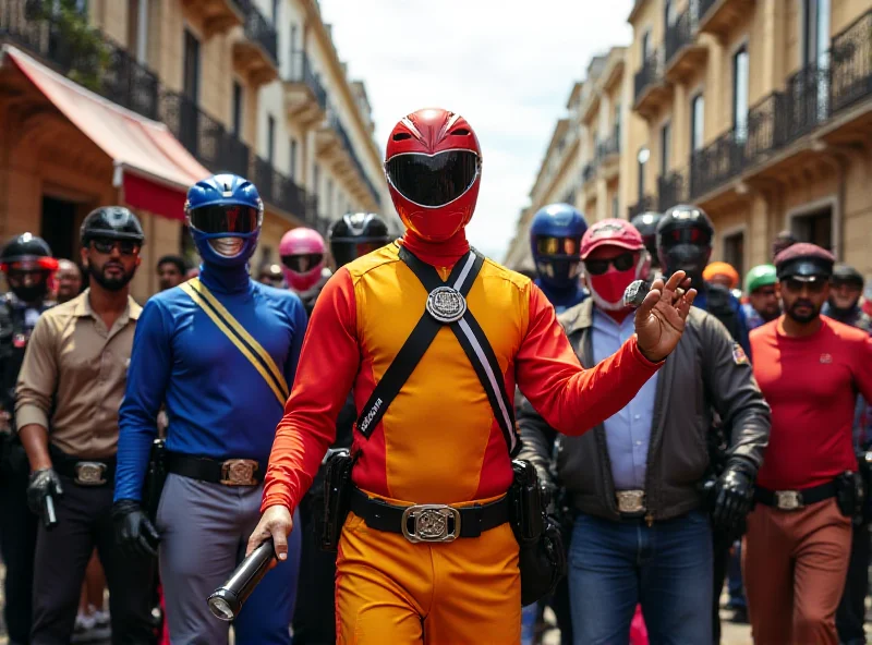 A group of undercover police officers dressed as Power Rangers apprehending a suspect during a Carnival celebration in São Paulo, Brazil. The scene is vibrant and crowded.