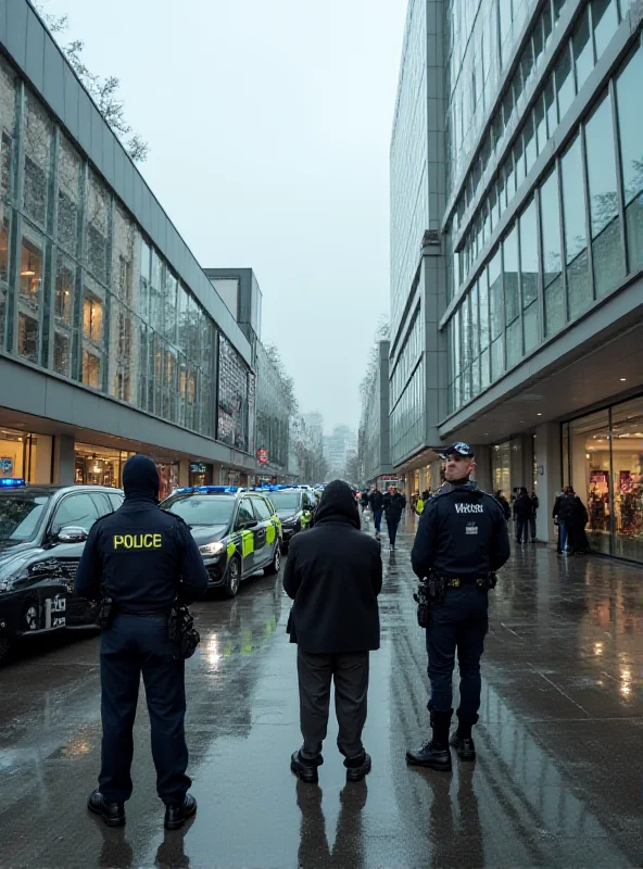 Exterior view of the Skyline Plaza shopping center in Frankfurt, Germany, with police cars parked outside and officers visible in the background. The scene is tense and focused.