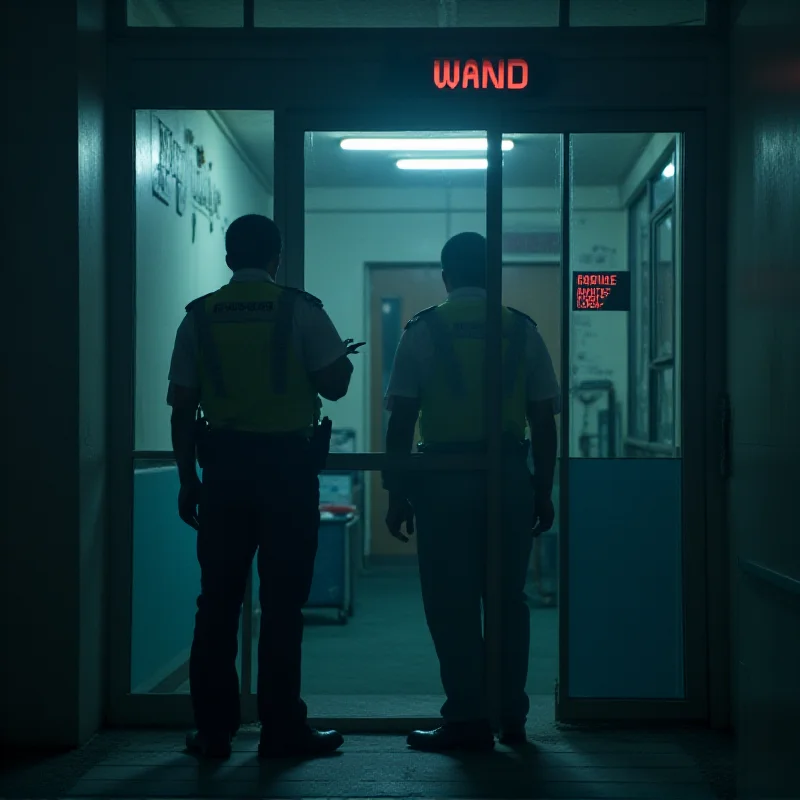 A police officer stands guard outside a hospital psychiatric ward. The scene is dimly lit and conveys a sense of seriousness.