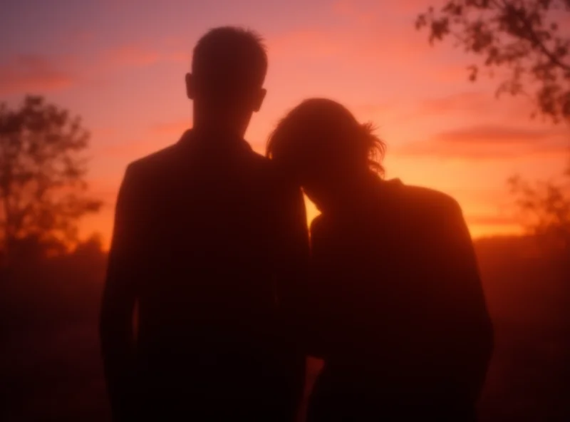 Silhouette of a grieving couple in a park at sunset.