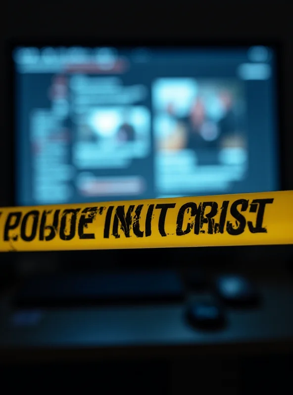 Police tape with the words 'Crime Scene Do Not Cross' overlaid with a computer screen displaying offensive content.