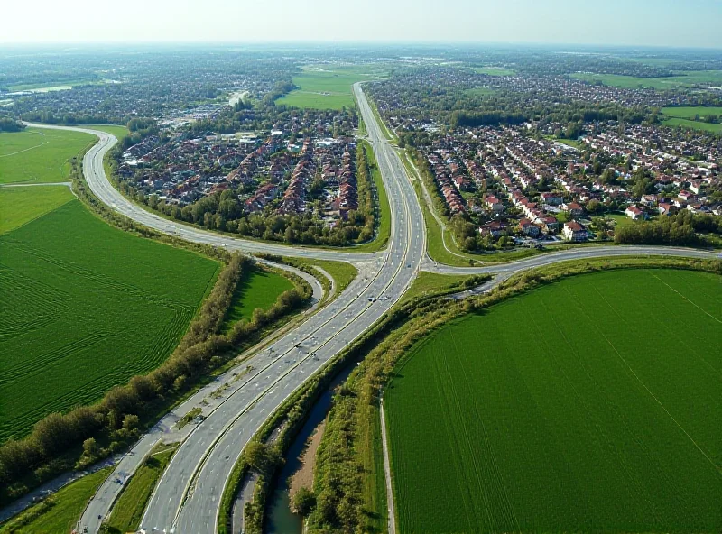 Aerial view of a newly constructed highway bypass curving around a small town in the Czech Republic. Green fields surround the road.