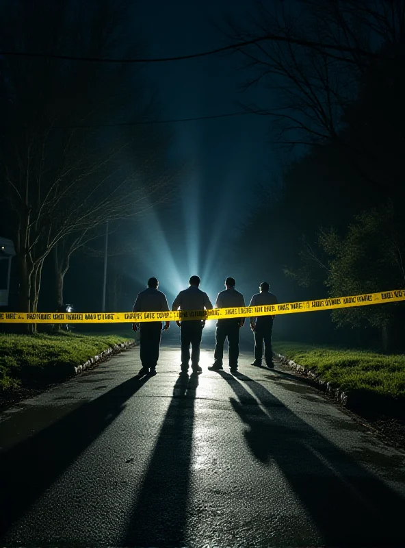 A somber image of a police crime scene investigation at night, with yellow tape and forensics officers.