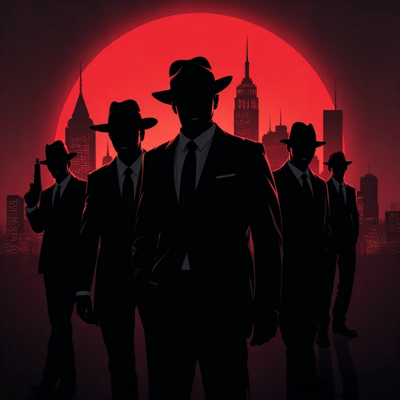 A stylized graphic representing organized crime, featuring silhouettes of shady figures and city skylines.