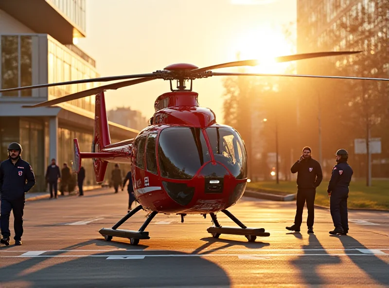 Medical transport helicopter landing on a helipad near a hospital in Poland.