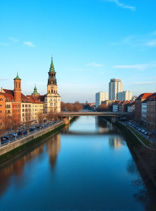 Modern cityscape of Wroclaw, Poland, with the Oder River flowing through it. Focus on the historic architecture and modern buildings.