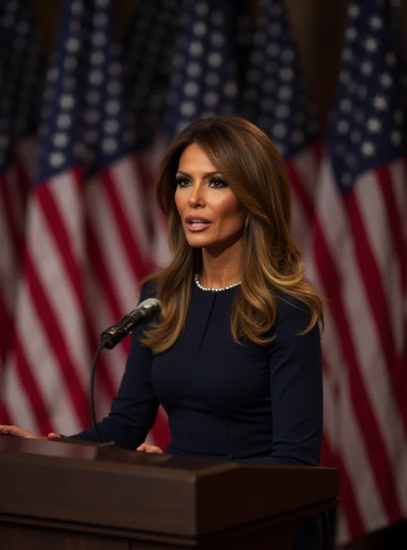 Melania Trump giving a speech at a podium with the American flag in the background.