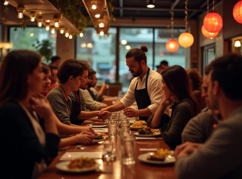 A busy restaurant scene with servers taking orders and customers dining.