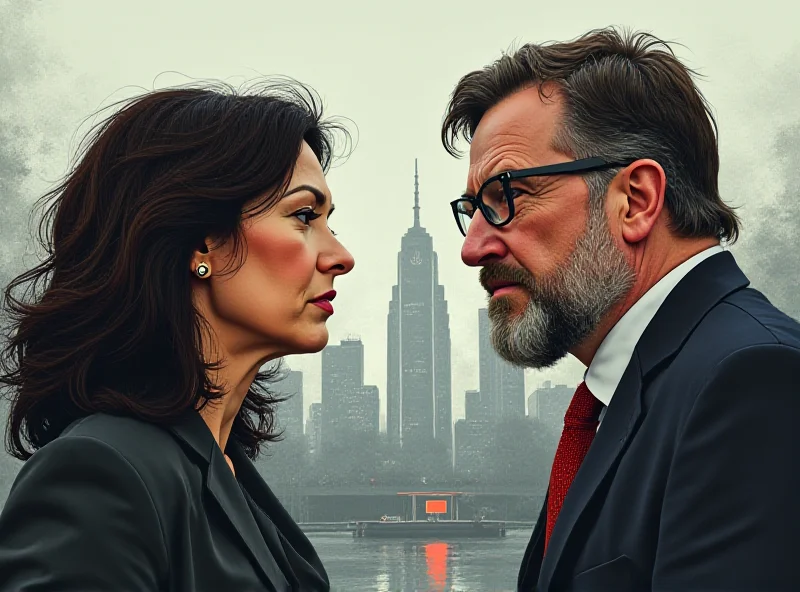 Illustration of a tense face-off between two figures, one representing a mayor and the other a border czar, set against a backdrop of the Boston skyline.