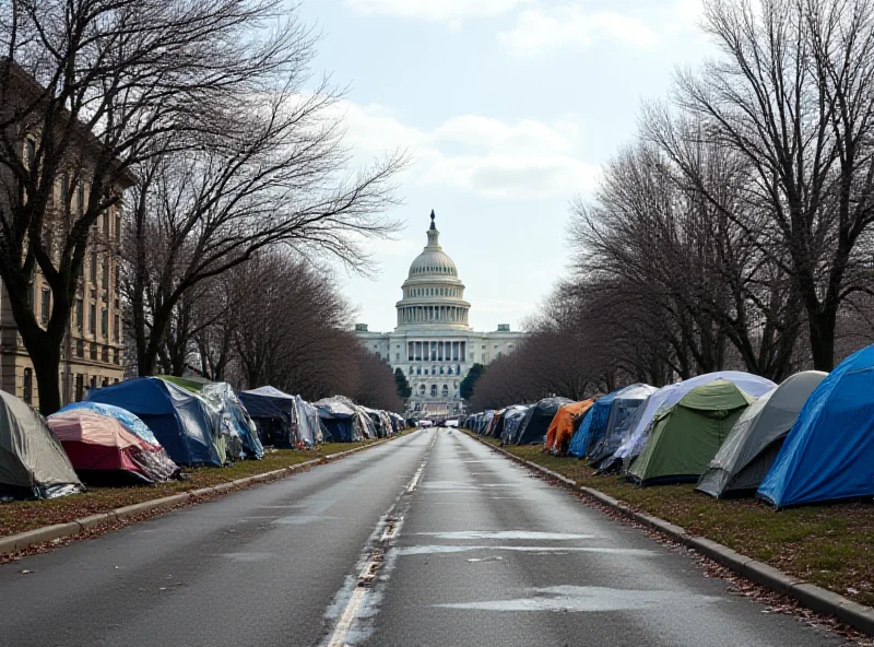 A wide shot of a street in Washington D.C., showing several tents and makeshift shelters forming a homeless encampment. The U.S. Capitol building is visible in the background.