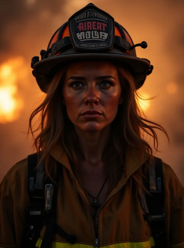 A female firefighter in full gear, looking thoughtfully into the distance. Smoke and flames are subtly visible in the background, suggesting a recent fire. The firefighter appears concerned and resolute.